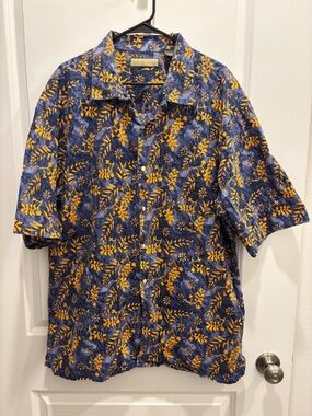 NATURAL LIFE Navy and Yellow Short-Sleeve Button-Down Shirt